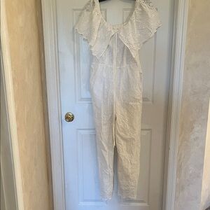 White Eyelet Off-Shoulder Jumpsuit. Size 12.